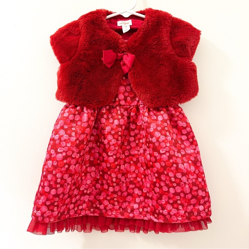 Cat & Jack Baby Girl Faux Fur Vest Satin Dot Print Formal Dress Red Pink Holiday